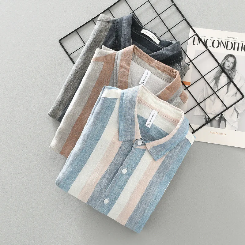 100% Linen Casual Striped Shirt for Mens Long Sleeve Turn-down Collar Shirts Spring New Men Dress Shirt