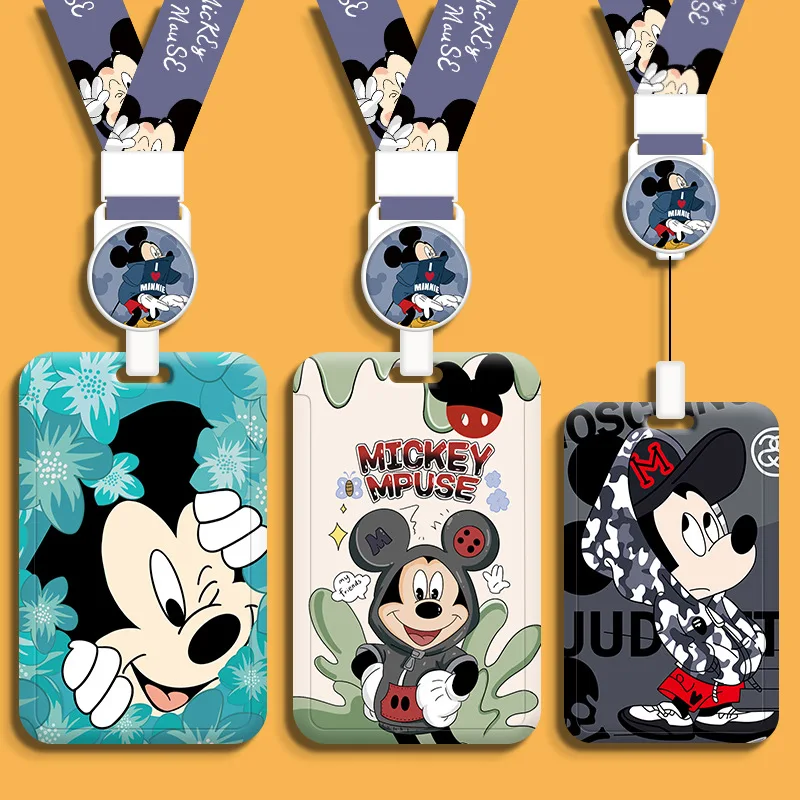 Disney Minnie Mickey Cartoon Work Card Holder Women ID Name Tag Students Bus Card Cover Case Retractable Badge Reel IC Card Bag