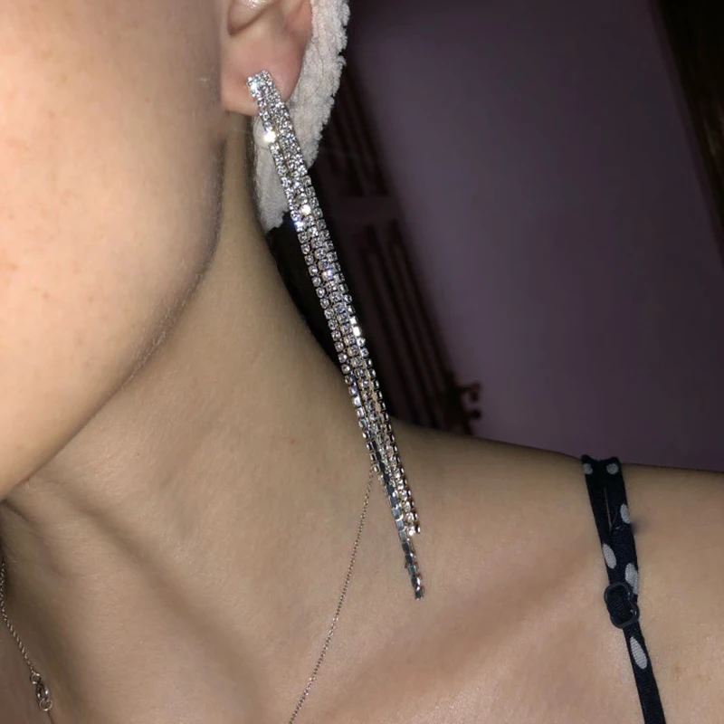 TREAZY Multicolor Rhinestone Tassel Long Earrings for Women Shiny Crystal Hanging Dangle Earrings Wedding Party Bridal Brincos
