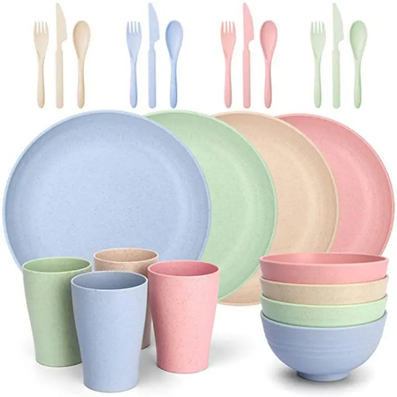 24 Piece Set Wheat Straw Tableware Sets,Bowls,Cups,Plates,Knives, Forks,Spoons,Anti Fall Home Restaurant Set,Nordic Plates