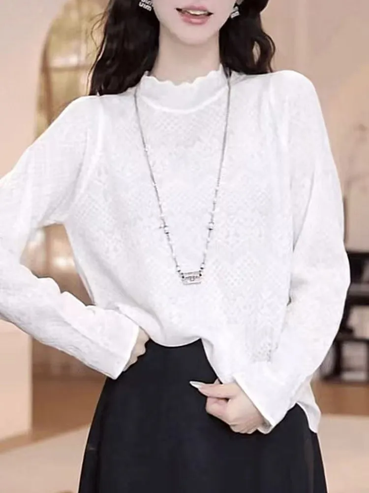 

Женская футболка Ele Long Sve T-irt с роскошной вышивкой, свободного кроя, с полувысоким воротником, утягивающая, для повседневной носки, весна-осень