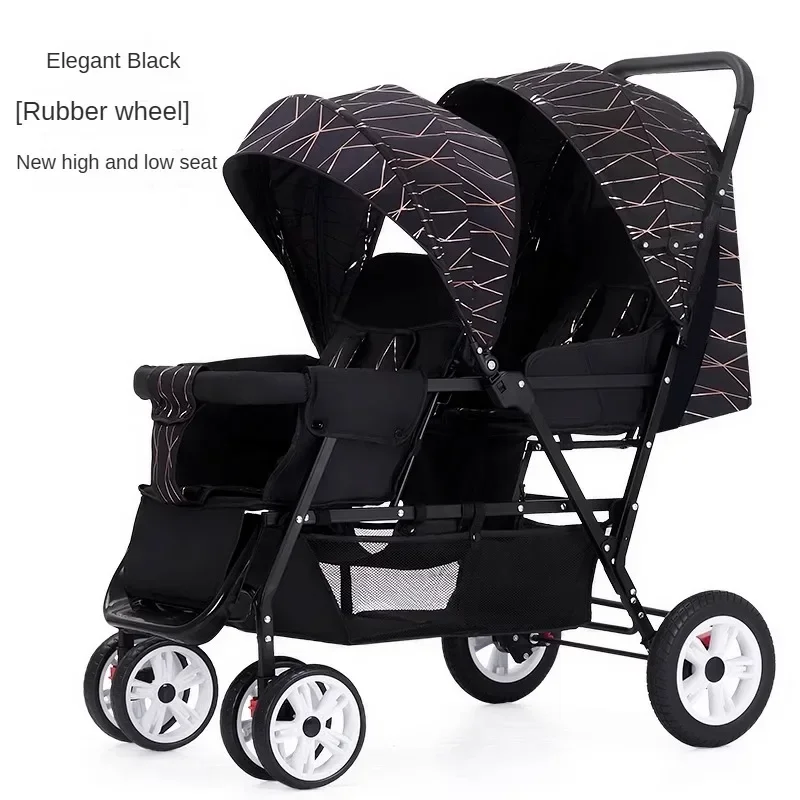 Nieuwe Twins kinderwagen voor- en achterbank, twee personen kunnen zitten en liggen, lichtgewicht opvouwbare kinderhandkar kinderwagen