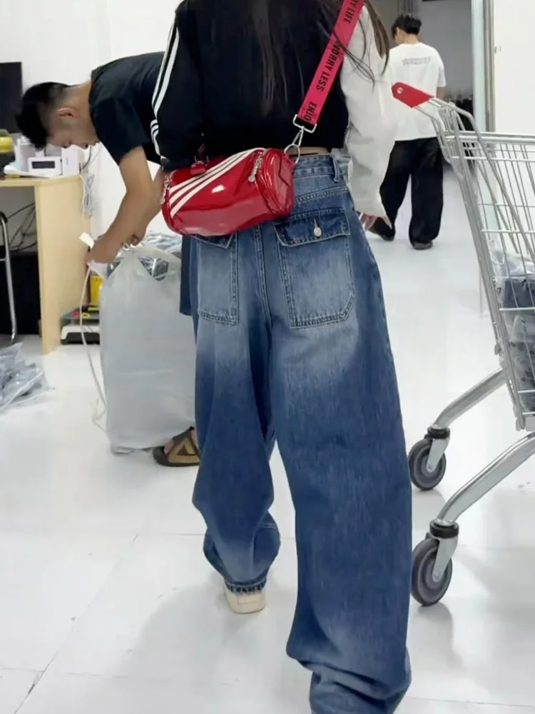 ارتفاع الخصر فضفاضة تناسب الأزرق الدنيم الجينز المرأة حجم كبير مستقيم الساق السراويل الخريف Faion الكمثرى القرد الجسم التخسيس بنطلون