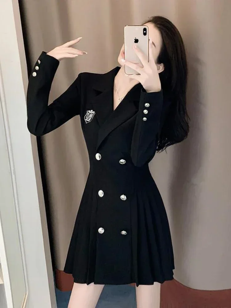 Office Solid Color Preppy Style Chic Button Casual Female Dresses Autumn New Black Double Breasted Loose Fashion Women\'s Dress