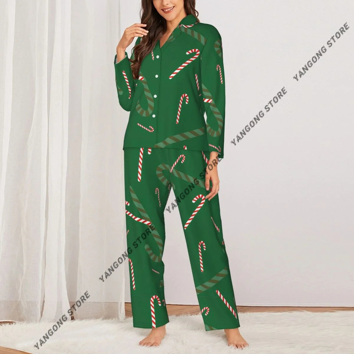 Spring and Autumn Long Sleeve Pants Pajamas Loungewear Set Christmas Striped Candies Women's Pull Edge Loose Sleeping Suit