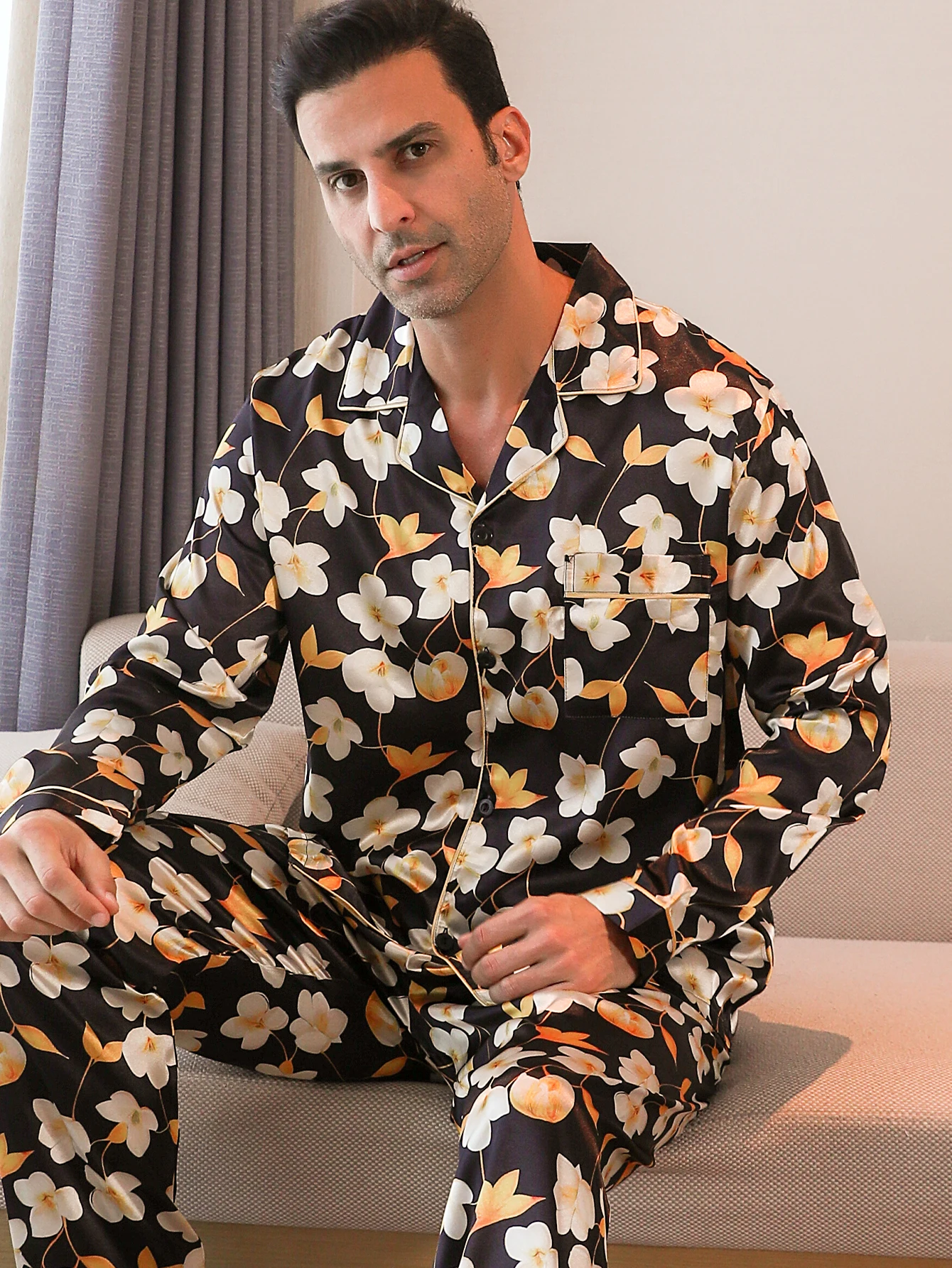 

Комплекты из двух предметов, мужские пижамы, осенние и зимние брюки с длинными рукавами, комплект одежды для сна в цветочном стиле