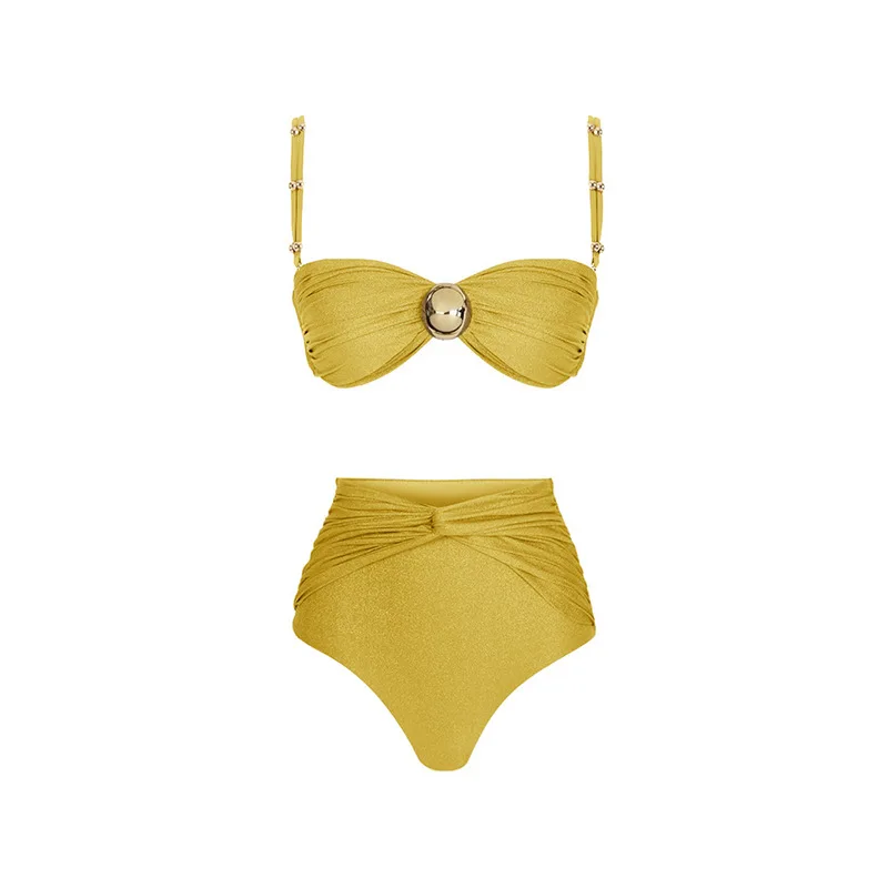 Solid Yellow High Waist Bikini Set Cover Up Swimsuit For Women Push Up Halter Three Pieces Swimwear 2023 Beach Bathing Suits