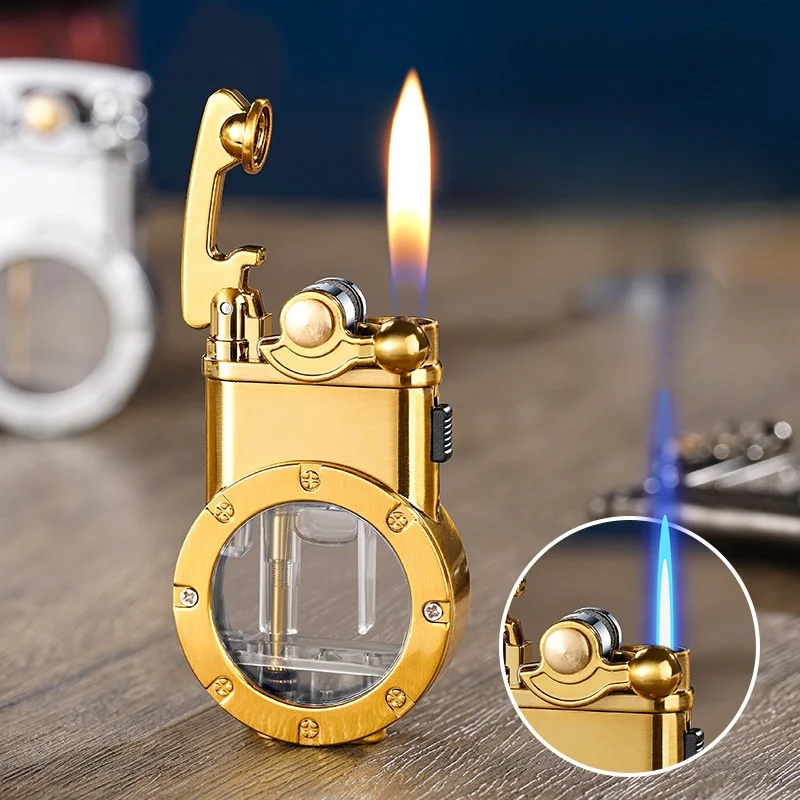 Encendedor de Gas butano de doble fuego con brazo basculante creativo, ventana de Gas Visible de Metal, cambio de llama, encendedores de cigarros de llama abierta para fumar