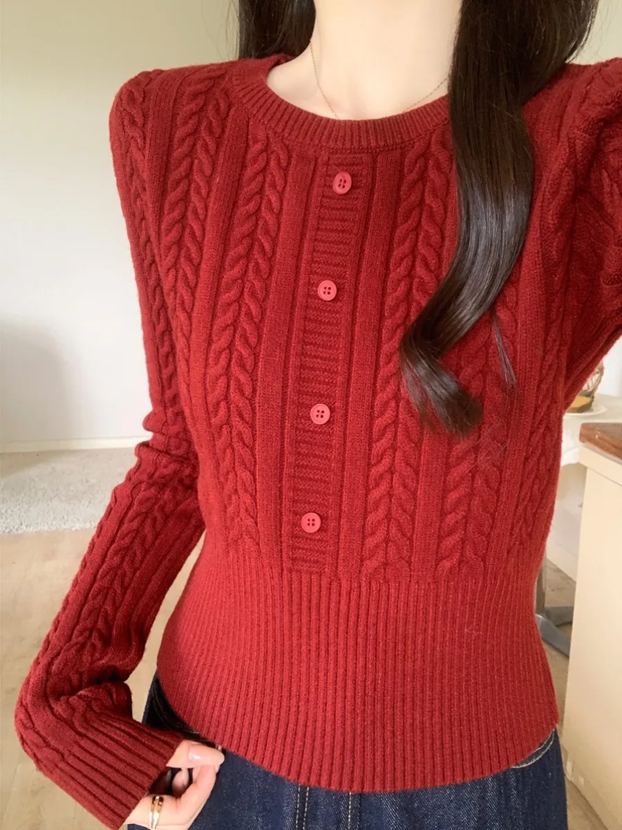 

Red Long Sve Knitted Sweater Women's Autumn Winter Slim Fit Base Layer irt Top Korean Sle Soft Polyester Blend