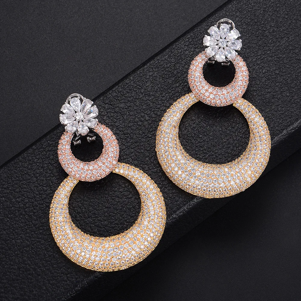 

GODKI 74MM Big Tricolor flower Earrings For Women Wedding Party Dubai Bridal Jewelry boucle d'oreille femme Gift Jewelry