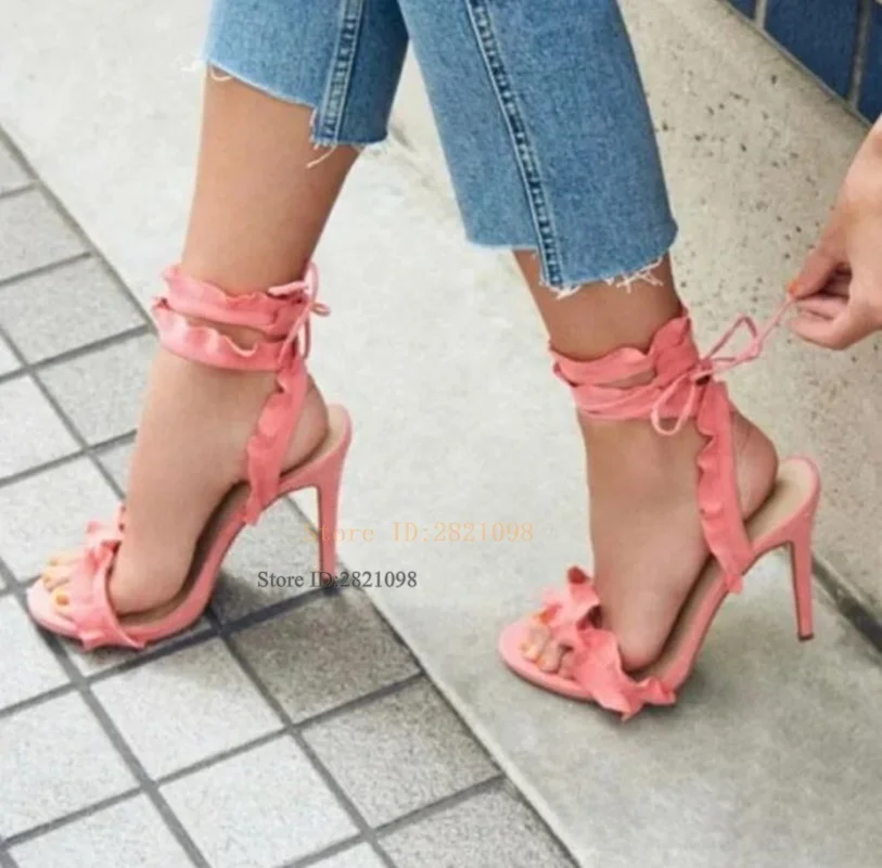 Coral Red Ruffle Lace Up Heels Stiletto Sandals with Back Bow Tie Open Toe Bend Thin High Heel Sandals Women Summer Shoes