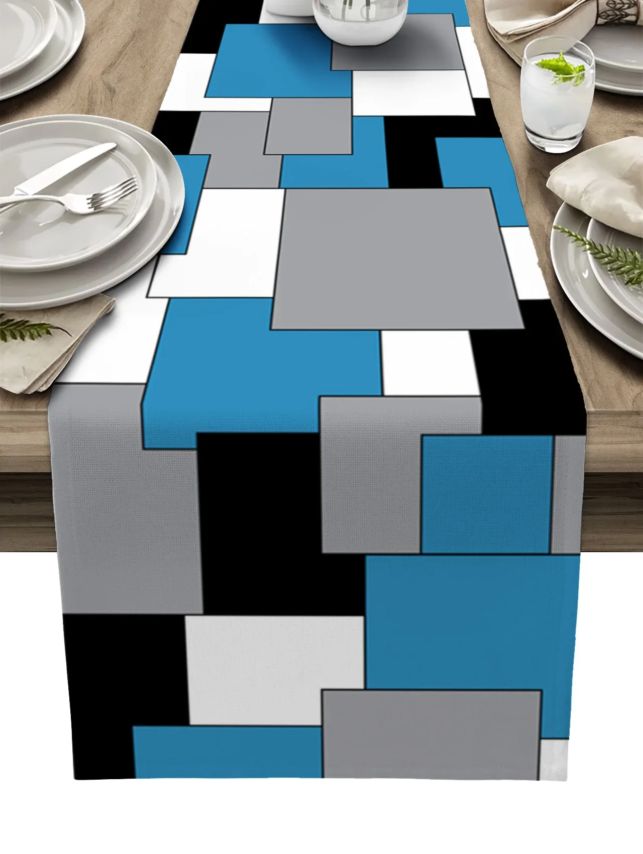 Elegant Irregular Abstract Squares Linen Table Runner for Dining  Party Decoration