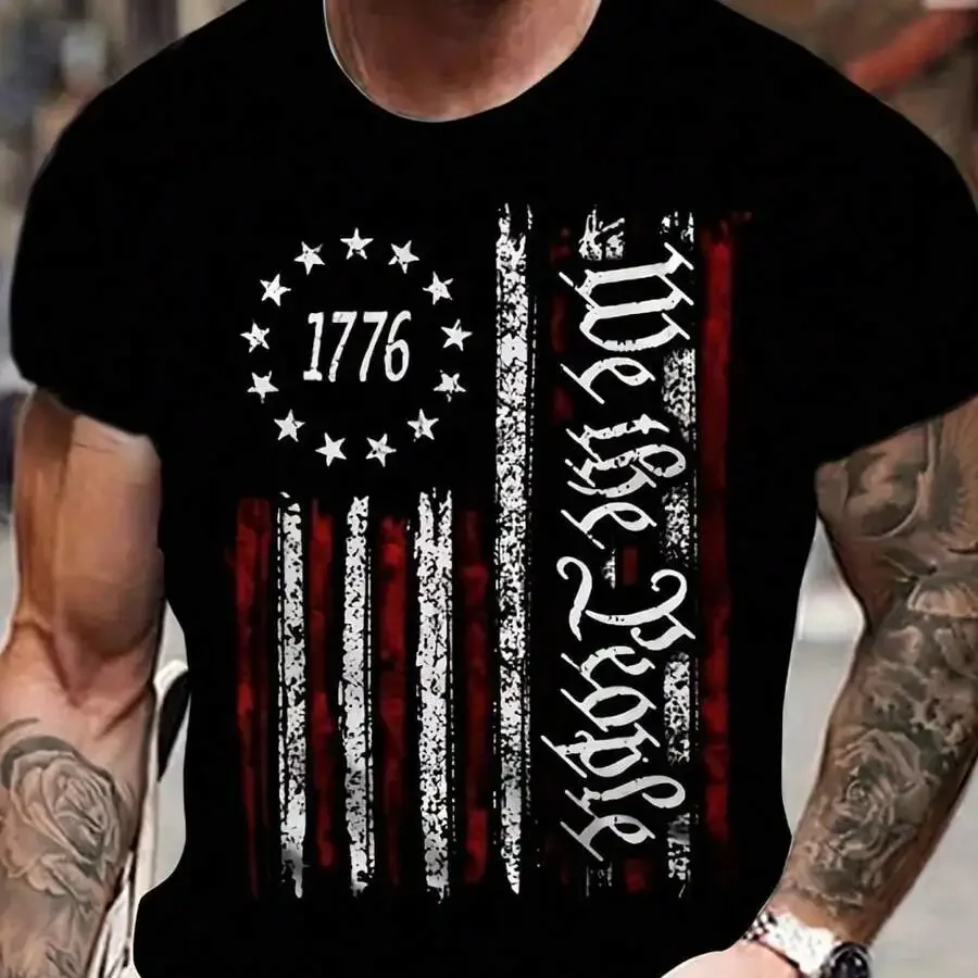 1pc Men'S Cotton Crew Neck-Shirt With Stars And Stripes We People Print, Casual All-Season Short Sleeve Tee With Slight Stretch,