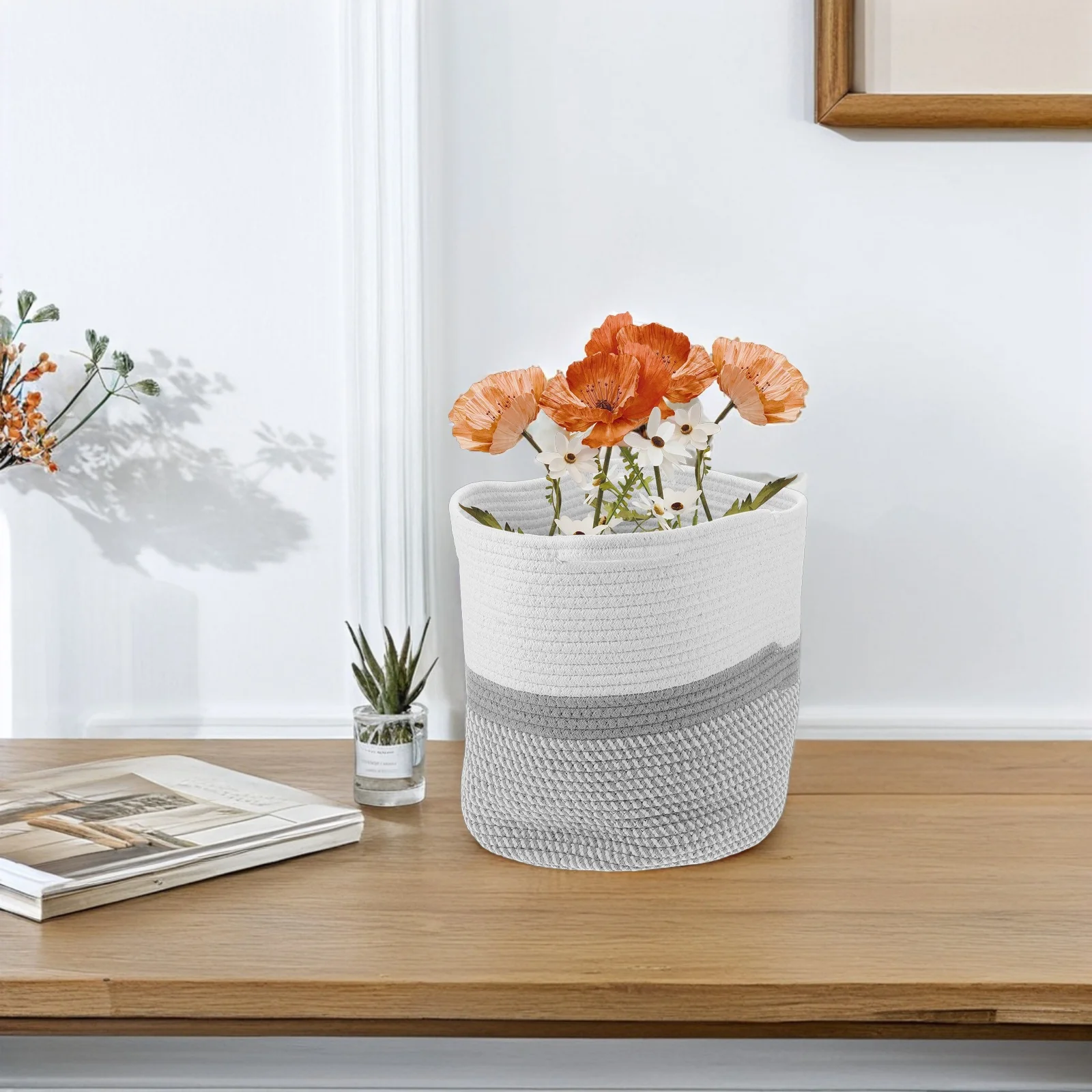 

Woven Plant Basket Round Handwoven Durable Rope Planter Basket Indoor Home Decor Storage Flower Pot Rustic Style