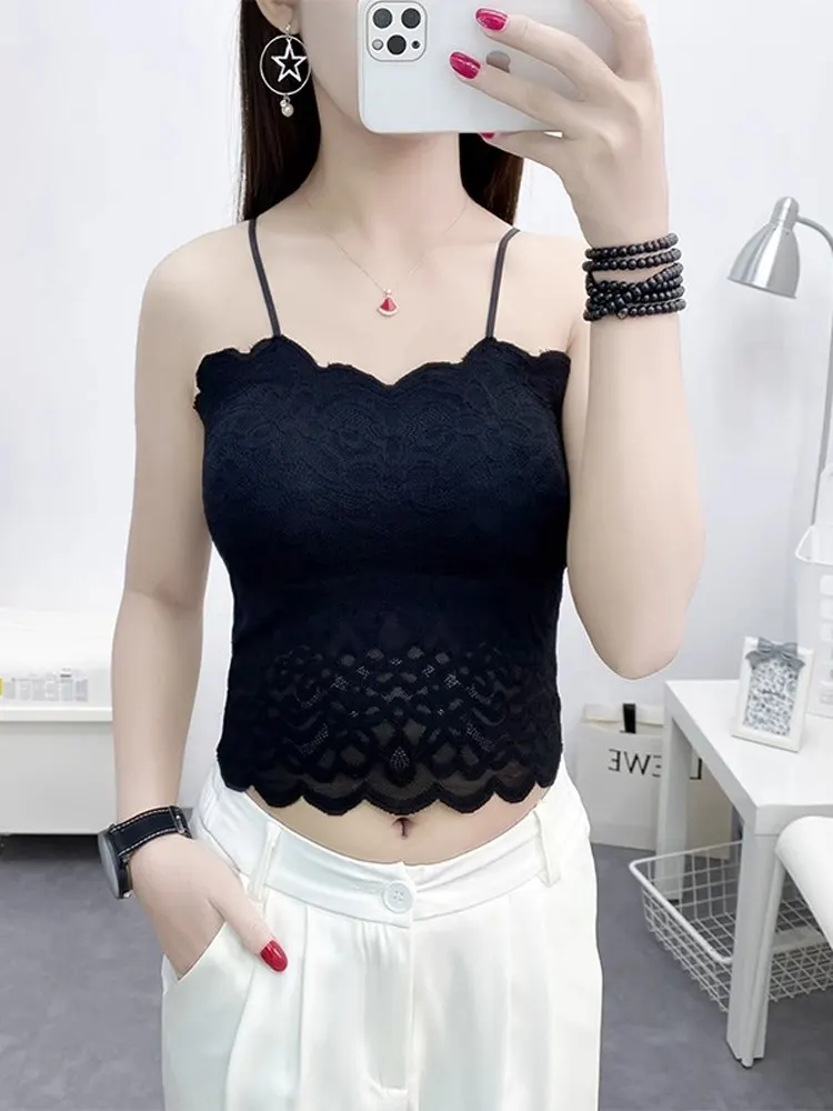 Letnia koronkowa kamizelka na ramiączkach, seksowna, cienkie ramiączka, falista koronka, bielizna, zapobiegająca prześwitywaniu, z wkładką, piękna, do pracy, krótka.