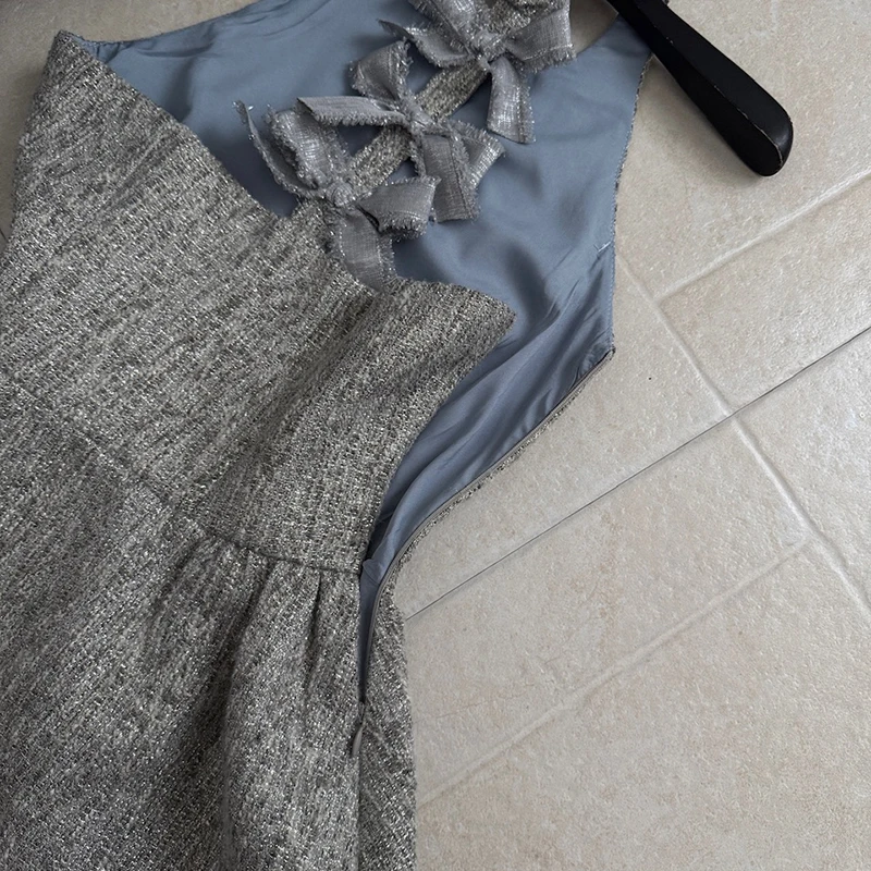 Women's Tweed Dress Sleeveless Sexy Backless Bowtie Evening Party Short Dresses Female 2026 New Grey Side Zipper Mini Dress 5