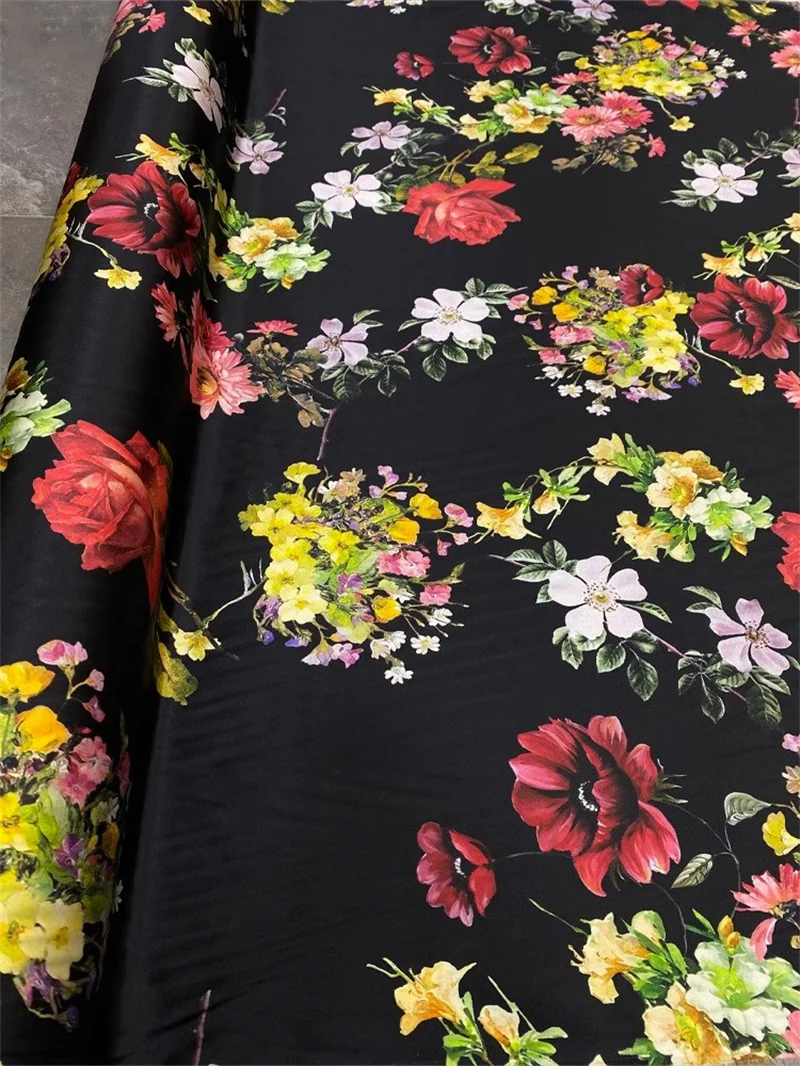 Luxury High-end 100% Mulberry Silk Fabric Black Background Flower Cluster Printed Cheongsam Dress Cloth 1 Meter Heavy Satin Silk