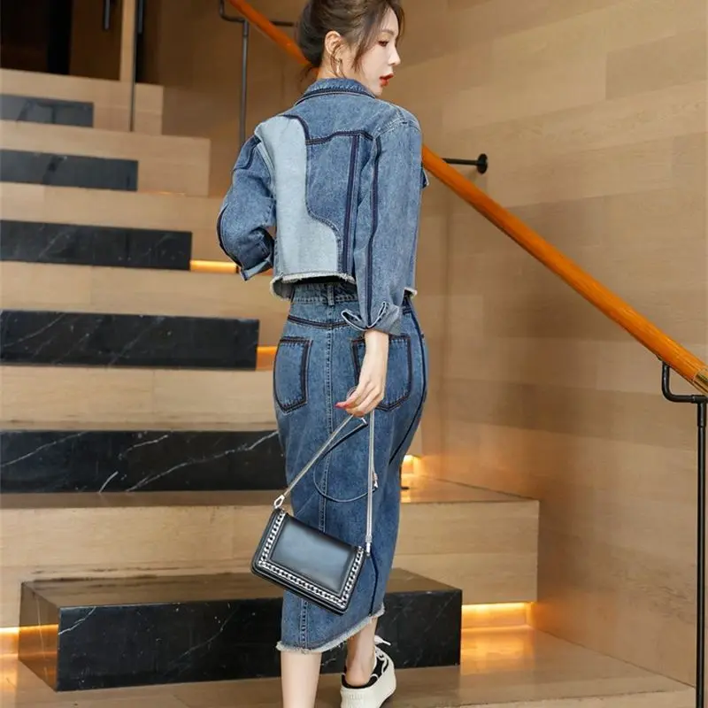 Denim Skirt Suit Women's Short Coat With Long Skirt 2023 Spring Autumn New Loose Everything Fashion Senior Sense Two-piece Set X