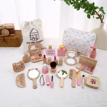 Kids' Pretend Makeup Toy Wooden Role‑play Dress‑up Vanity Gift Makeup Bag Set for Girls