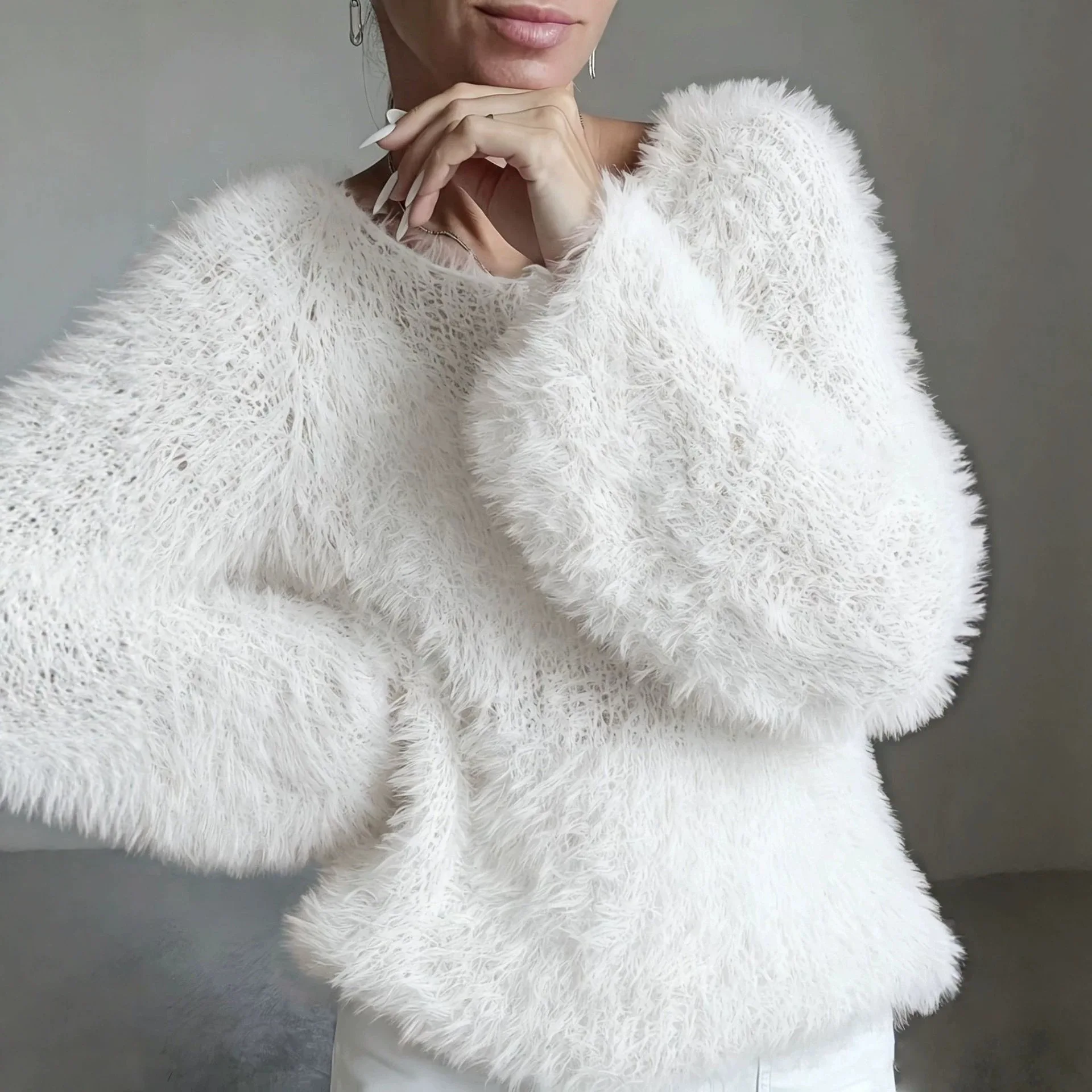 Women Soft Fluffy Fuzzy Knit Sweater, Solid Color Crew Neck Long Sleeve Loose Fit Gentle Furry Pullover Top view 4