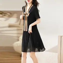 Fashion V-Neck Bow Midi Dress Patchwork Summer Korean Elegant Waist Short Sleeve Female Clothing A-Line Basic Pleated Dresses