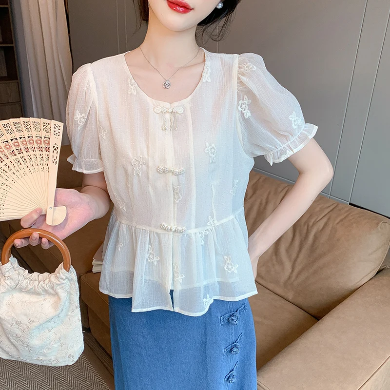 

Fashion Short Sleeve O-Neck Women Blouse Beading Casual Chiffon Blouse Shirt Women Tops Blusas Mujer De Moda 2024 Verano J265