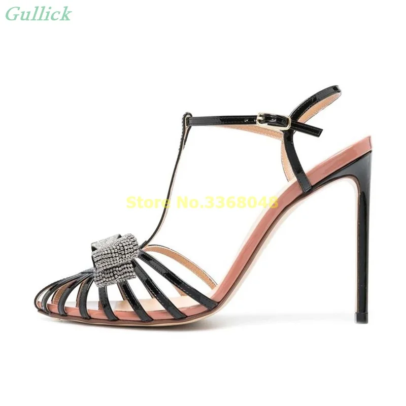 Black Close Toe Leather Strappy Sandals With Ankle Strap Rhinestone Bow Stiletto Heel T Strap Ankle Buckle Strap Thin Heel Shoes