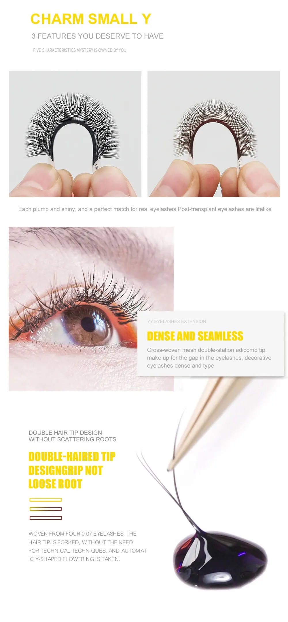 DeceMars YY-Form, schwarzbraune Wimpernverlängerung, zwei Spitzenwimpern, C/D-Locken, hochwertig, individuell – Detail 6
