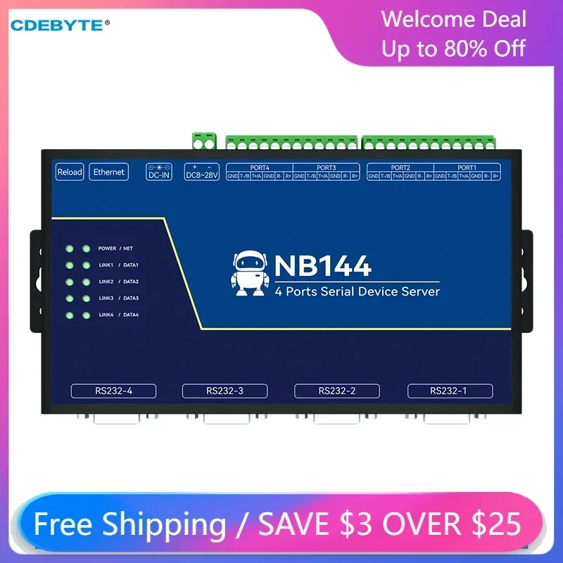 

4-Channel Serial Server RS232/422/485 RJ45 Modbus Gateway CDEBYTE NB144S TCP/UDP/MQTT DC 8-28V AT Command Build-in Watchdog