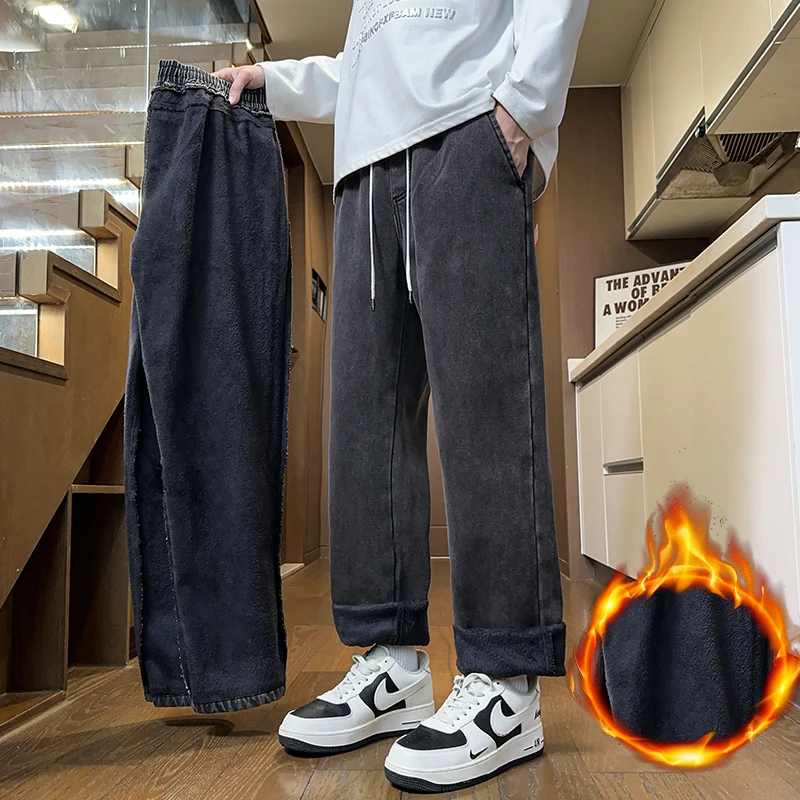 겨울 두꺼운 남성용 스트레이트 진 단색 패션 플리스 따뜻한 바지 클래식 벨벳 루즈 데님 팬츠 남성용 S-5XL