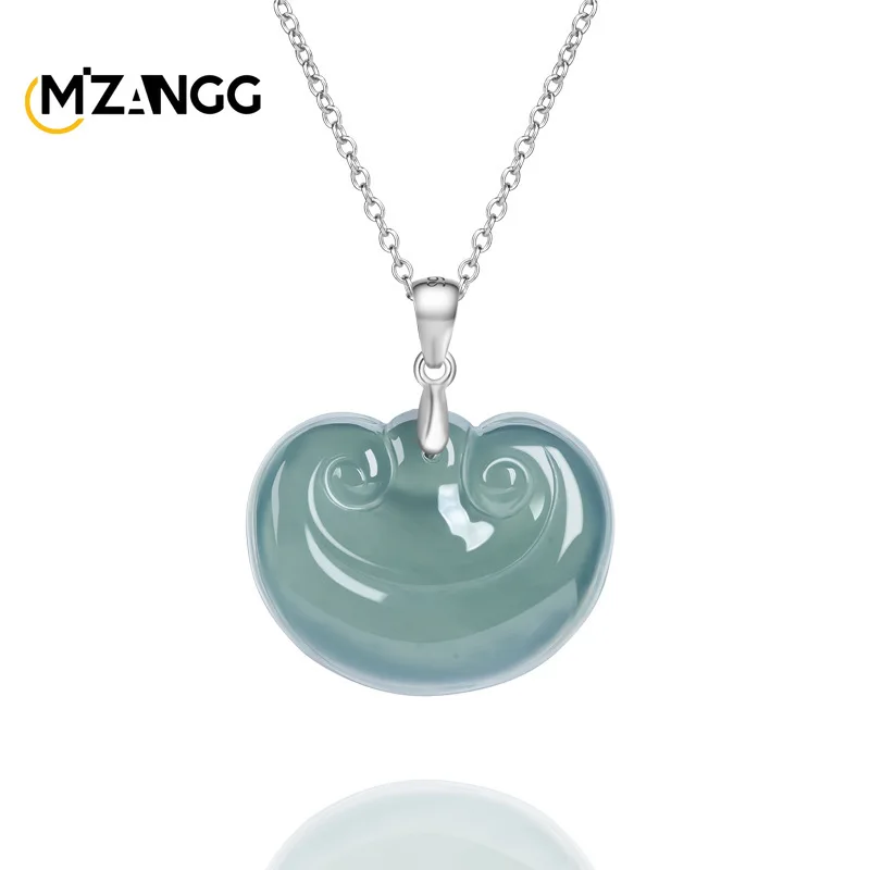 

Natural A-goods Jadeite Blue Water Amulet Pendant S925 Silver Inlaid Exquisite Charm Ice Jade Necklace Couple Holiday Gift