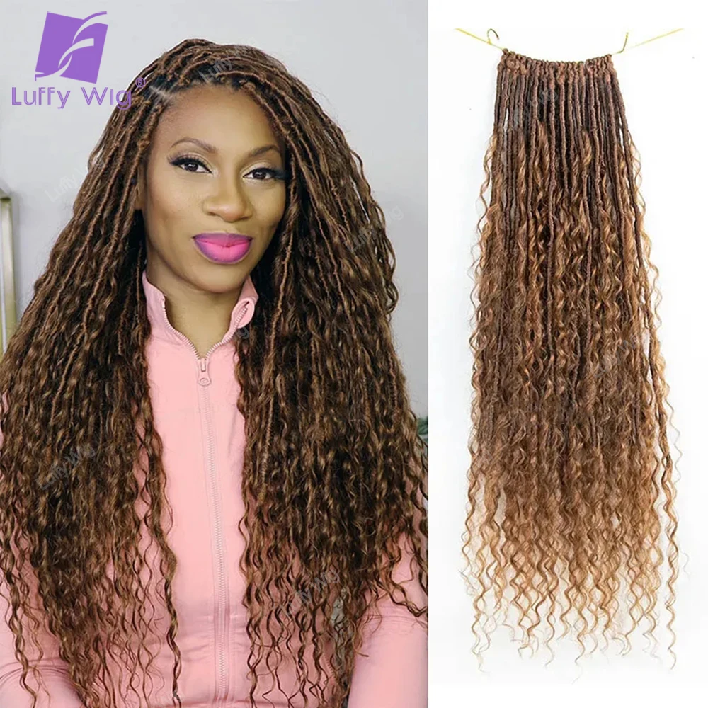 

Crochet Light Auburn Boho Locs with Human Hair Curls Pre-looped Synthetic Braids Extensions Knotless Braiding Hair luffywig