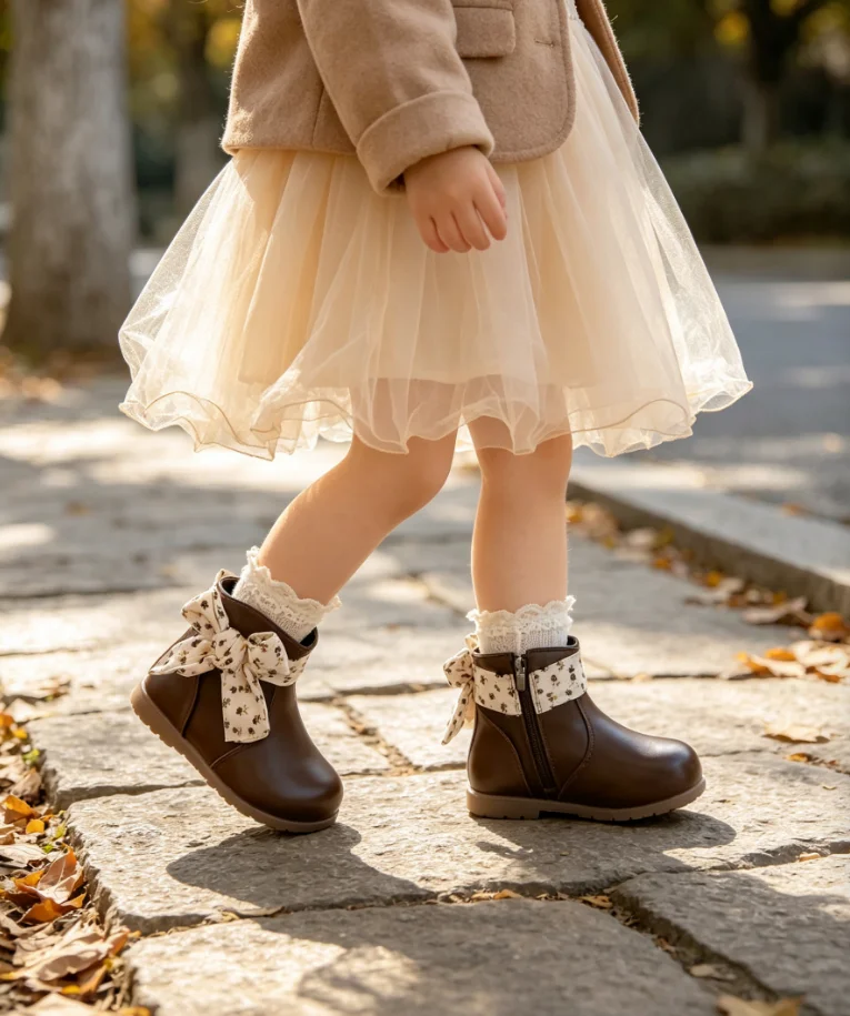 Girls Floral Bow Decor Ankle Boots, Kids PU Leather Back‑Zipper Flat Princess Short Boots 2‑Color for Fall Winter ****