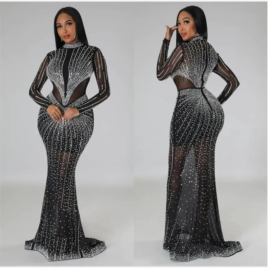 

Сексуальное платье Me Long Dr со стразами и исправлением, длинные атласные воротники-стойки, парное платье из полиэфирного волокна, лето 2023, на молнии...