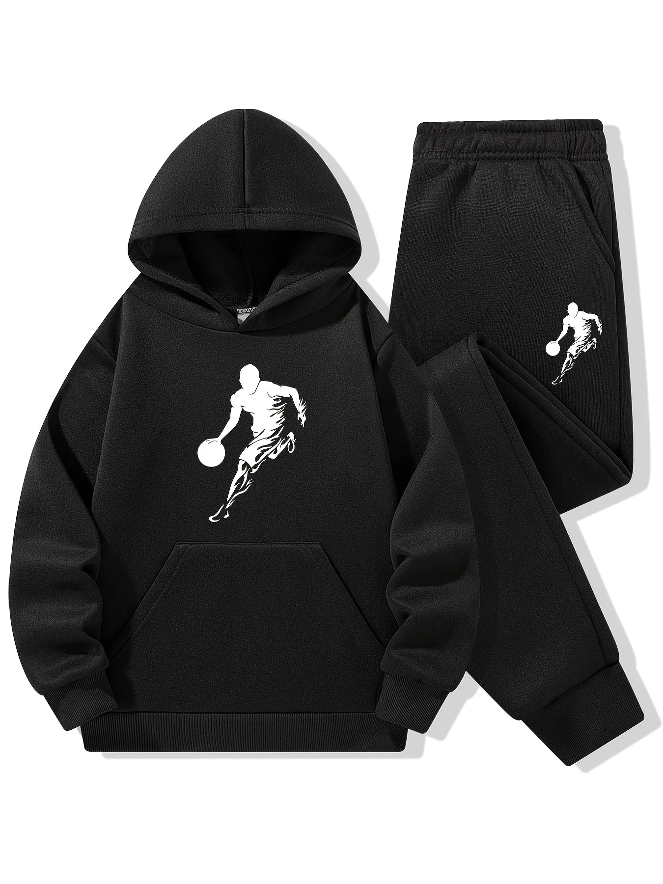 2pcs Boys' Classic Comfort Hooded Sweatshirt and Pants Set Autumn/Winter Fashion Basketball Player Print Kids