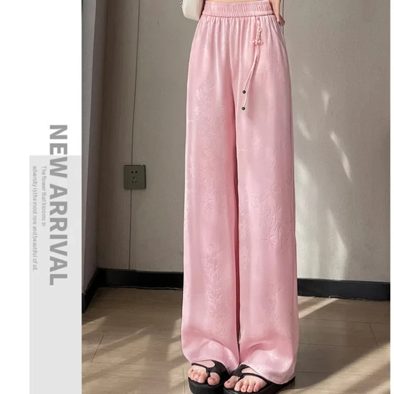 New Chinese Jacquard Satin Wide Leg Pants Summer High Waist Pendant Tassel Ice Silk Straight Leg Pants Trendy