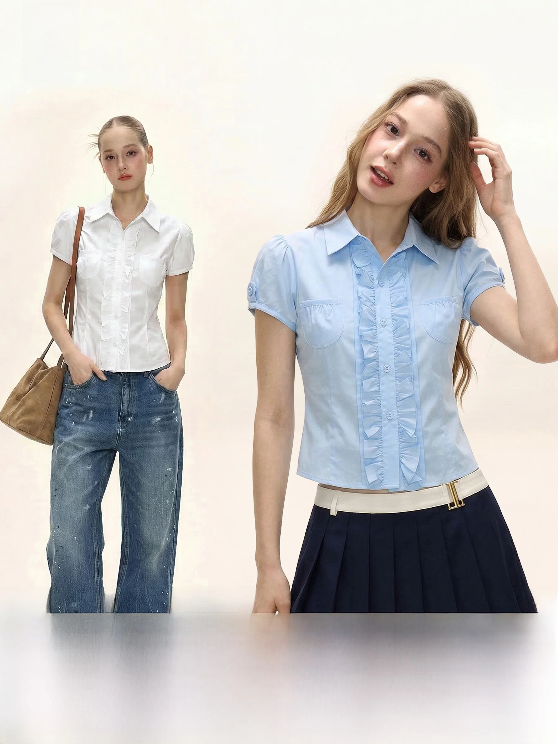 

Sweet Spicy ort irt Women's Summer American Slim Fit Bubble Sve oulder Blade ort Sve Blouse Turn-down Collar Ca...