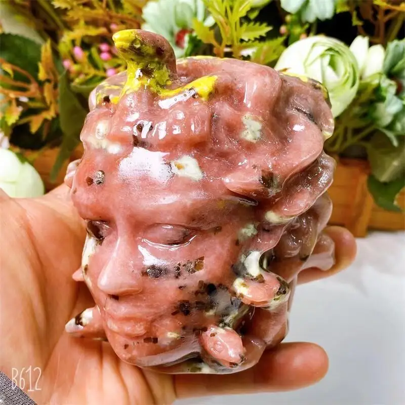 Natural Peach Blossom Tourmaline Medusa Skull Crystal Carving Home Decoration Healing Energy Stone Birthday Gift 1PCS