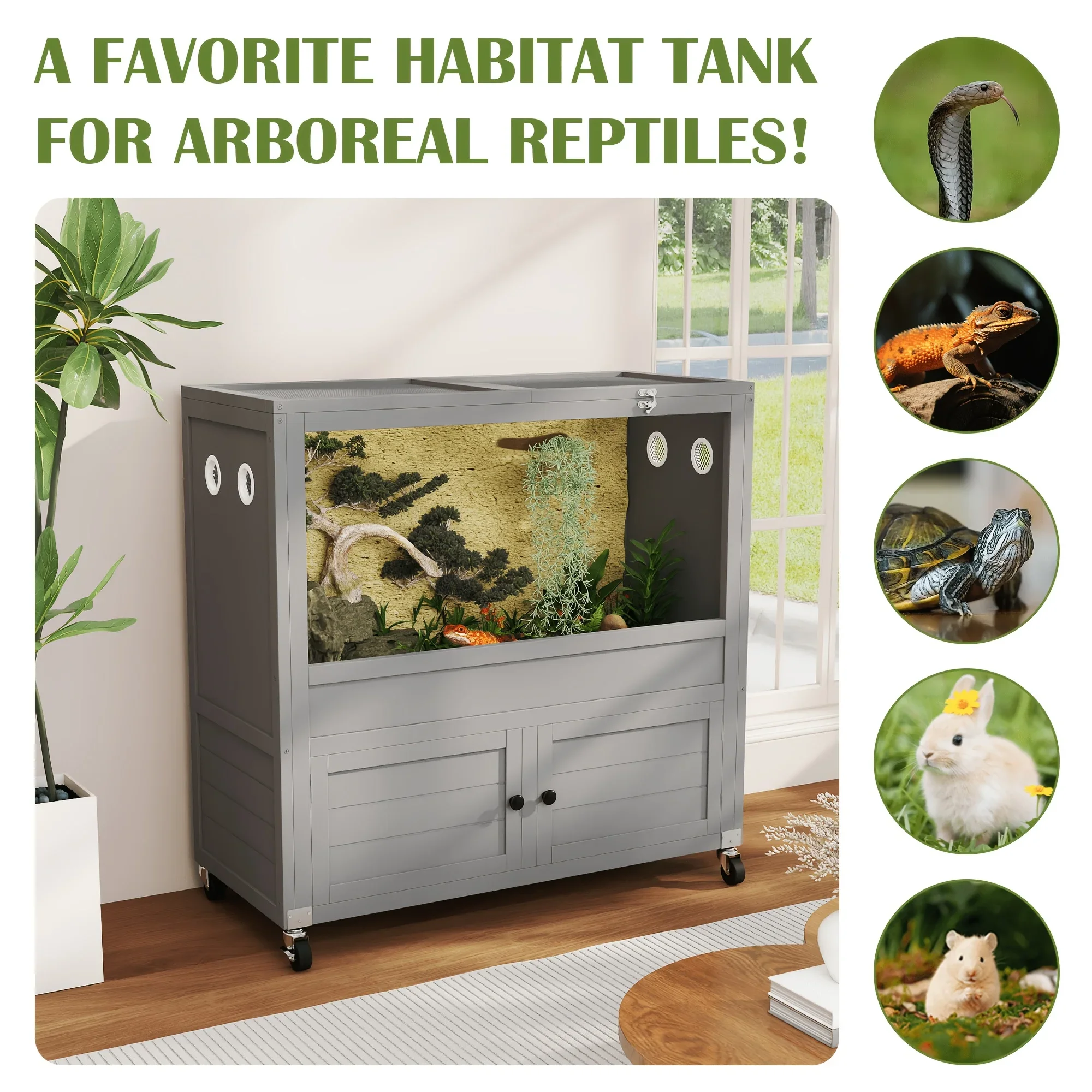 

KEEHOME Reptile Enclosure Stand, 36-Gallon Reptile Water Tank, Adjustable Storage Cabinet, Wheels, and Metal Mesh Roof Door, Habitat for