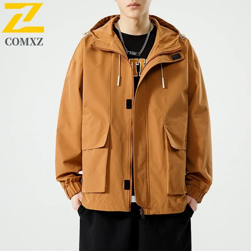 

COMXZ 2025 Mens Jackets Plus Size Japanese Hooded Loose Solid Color Hiking Travel Camping Workwear Jacket Streetwear Outerwear
