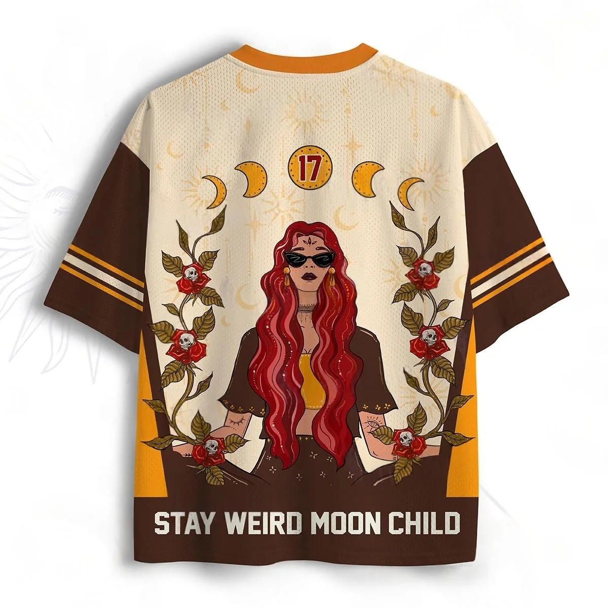Stay Weird Moon Number 17 Football Jersey Skull Rose Moon Lady Print Brown Orange Retro Gothic Sports Tee