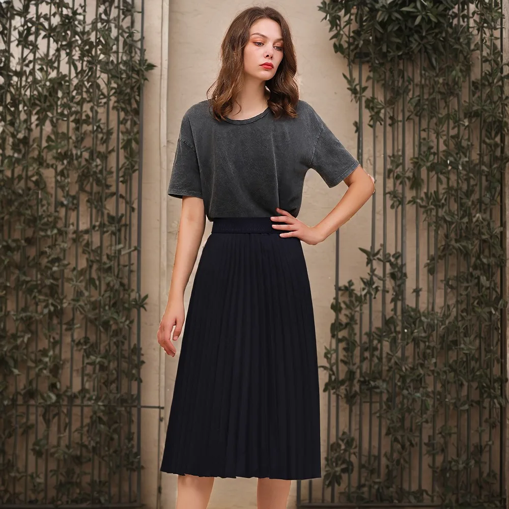 

Women's Stripes Half Skirts Solid Color Midi Elastic High Waist Pleated Skirt Summer Slim Fit A-Line Mid-Calf Casual Party Skirt