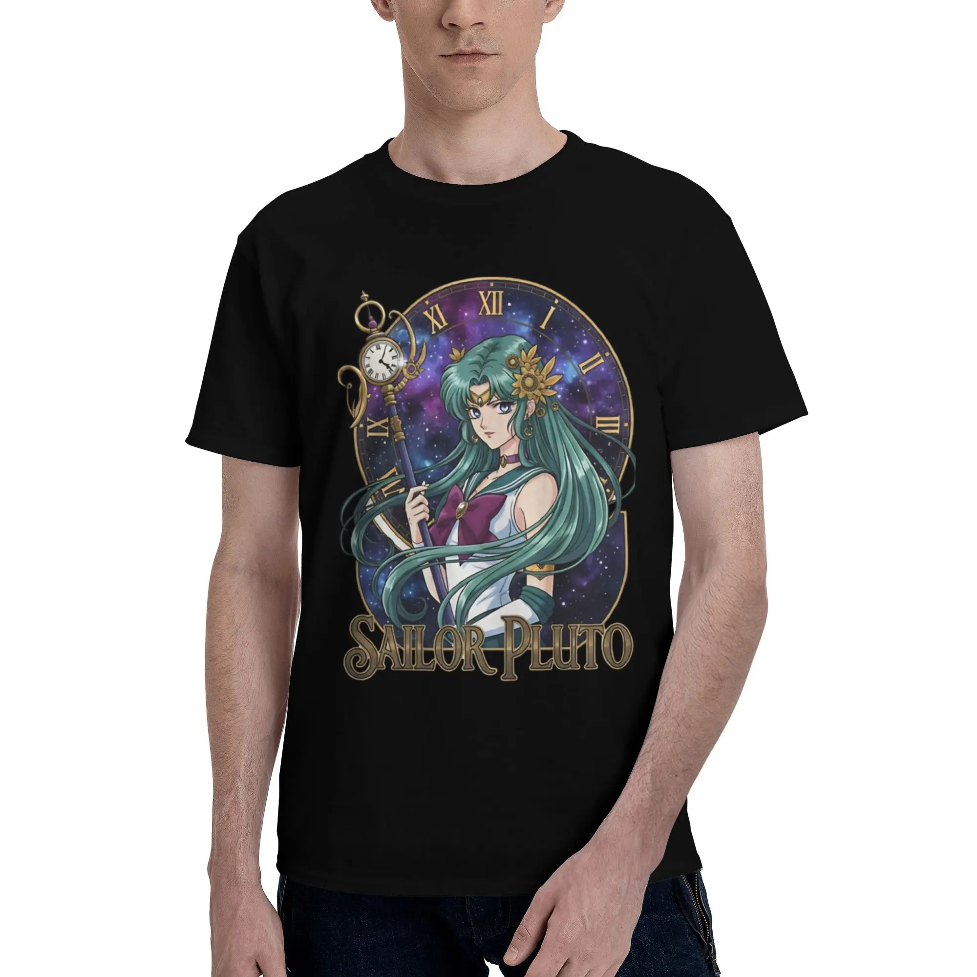 Sailor Pluto Sticker Classic Men's T Shirts Sailor Moon Leisure Tees Short Sleeve Crew Neck Cotton Printed Clothing T-Shirt