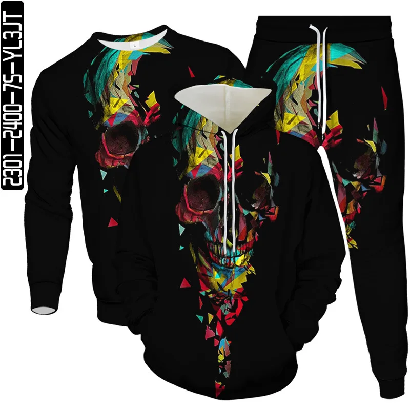 

2023 Fashion Sports Wear 3 Pieces Set Mens Hoodie Pants Sweatshirt Punk Skull Printing Spring Autumn Casual Outfit Men Sweatsuit