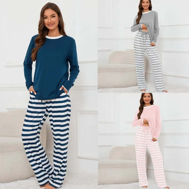 

New Arrival Women's Striped Print Long Sleeve Pants Top Drawstring Pants Pajama Set Comfortable Home Wear XXL Size 2 Piece Cozy