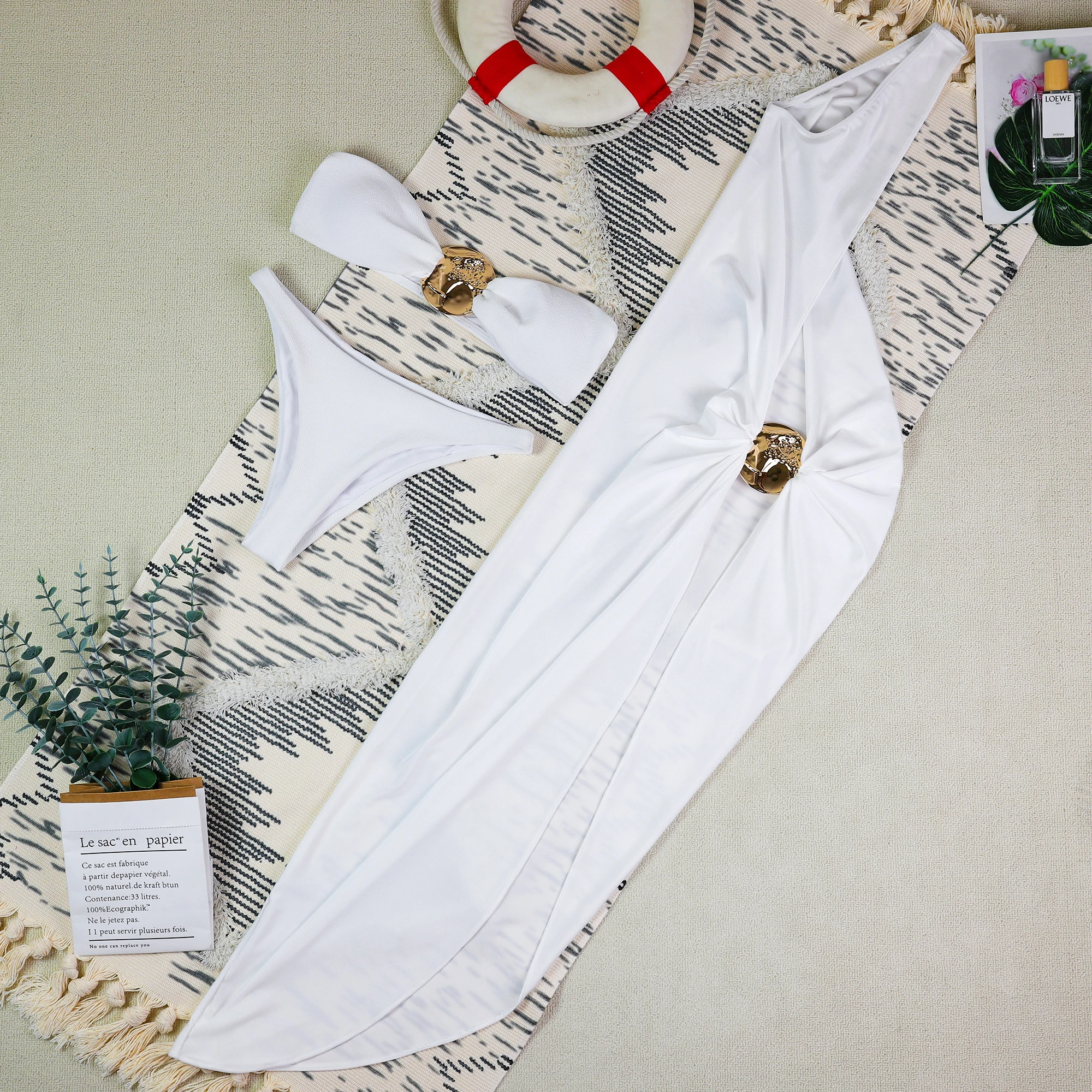 

3 Pieces Sexy Women's Bandeau Bikini Set 2025 New Solid Swimwear Female Bathing Suit with Long Maxi Dress Beachwear Cover up