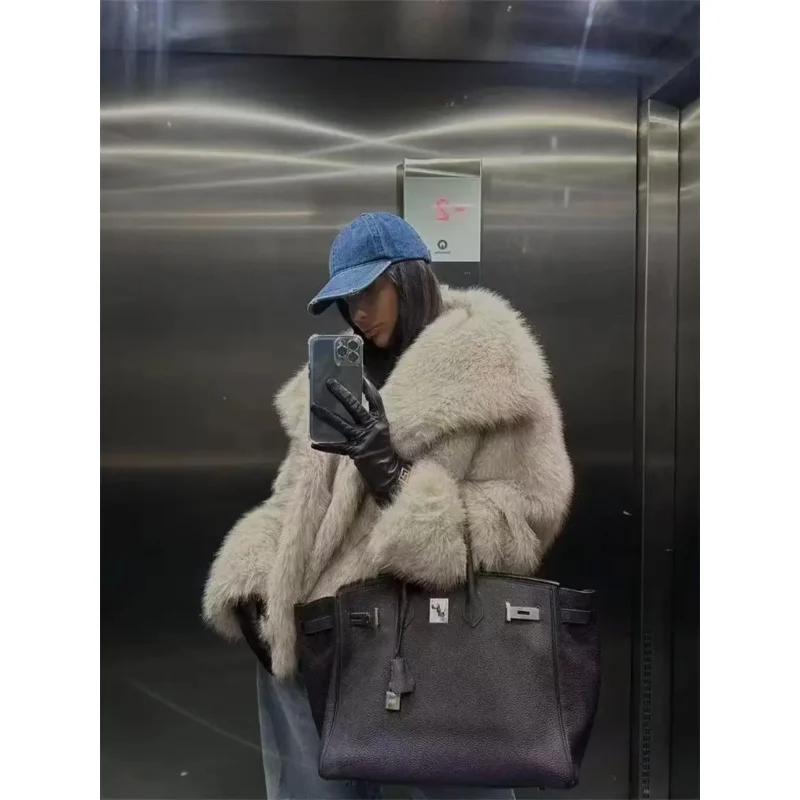 Effen nepbontjas voor dames - Herfst-winter reverskraag bovenkleding met lange mouwen, chique veganistische trenchcoatstijl