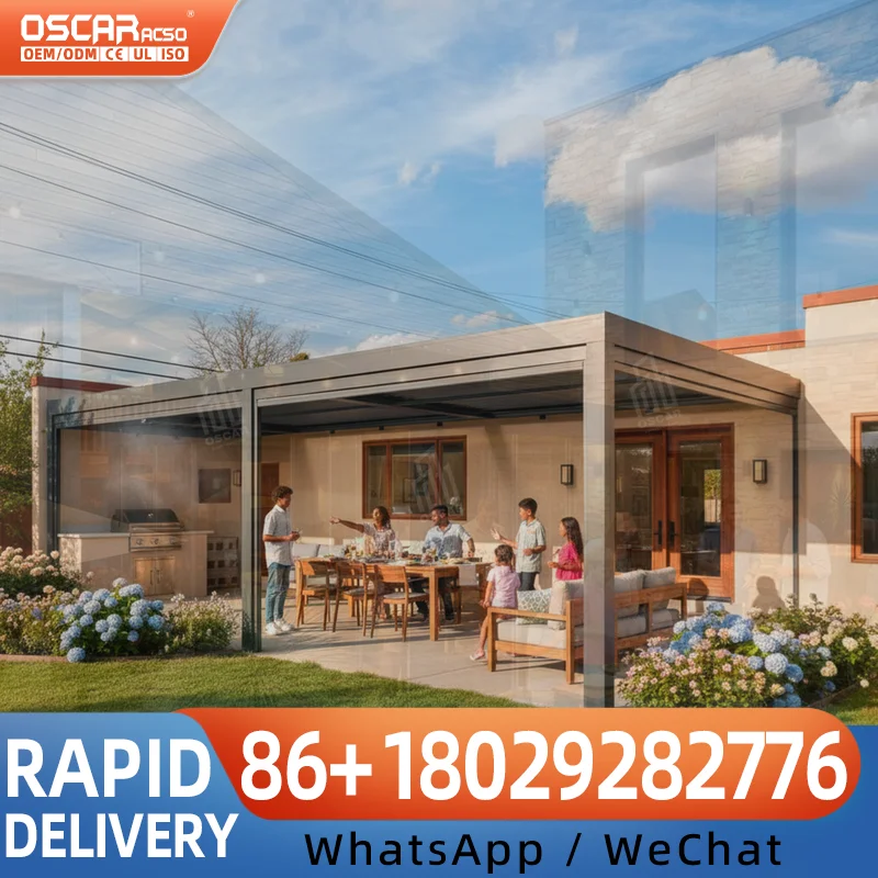 Aluminum Alloy Full cassette Awning with Remote controlled LED Lighting UV Protection for Villa Balcony Patio pergola