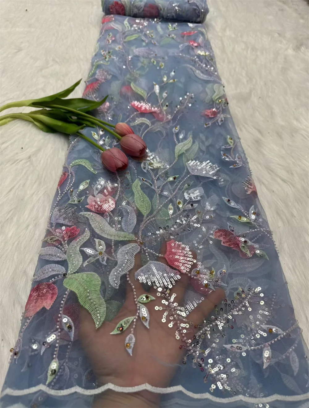 

Wholesale Elegant French Embroidery Beaded Lace Fabric Sky Blue African Nigerian With Sequins Fabric For Wedding Dresses Hm172-1