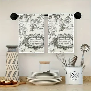 2 Vintage French Newspaper-Style Kitchen & Bathroom Towels - Ultra Soft and Durable Polyester Fiber, Rustic Farmhouse Style Decor